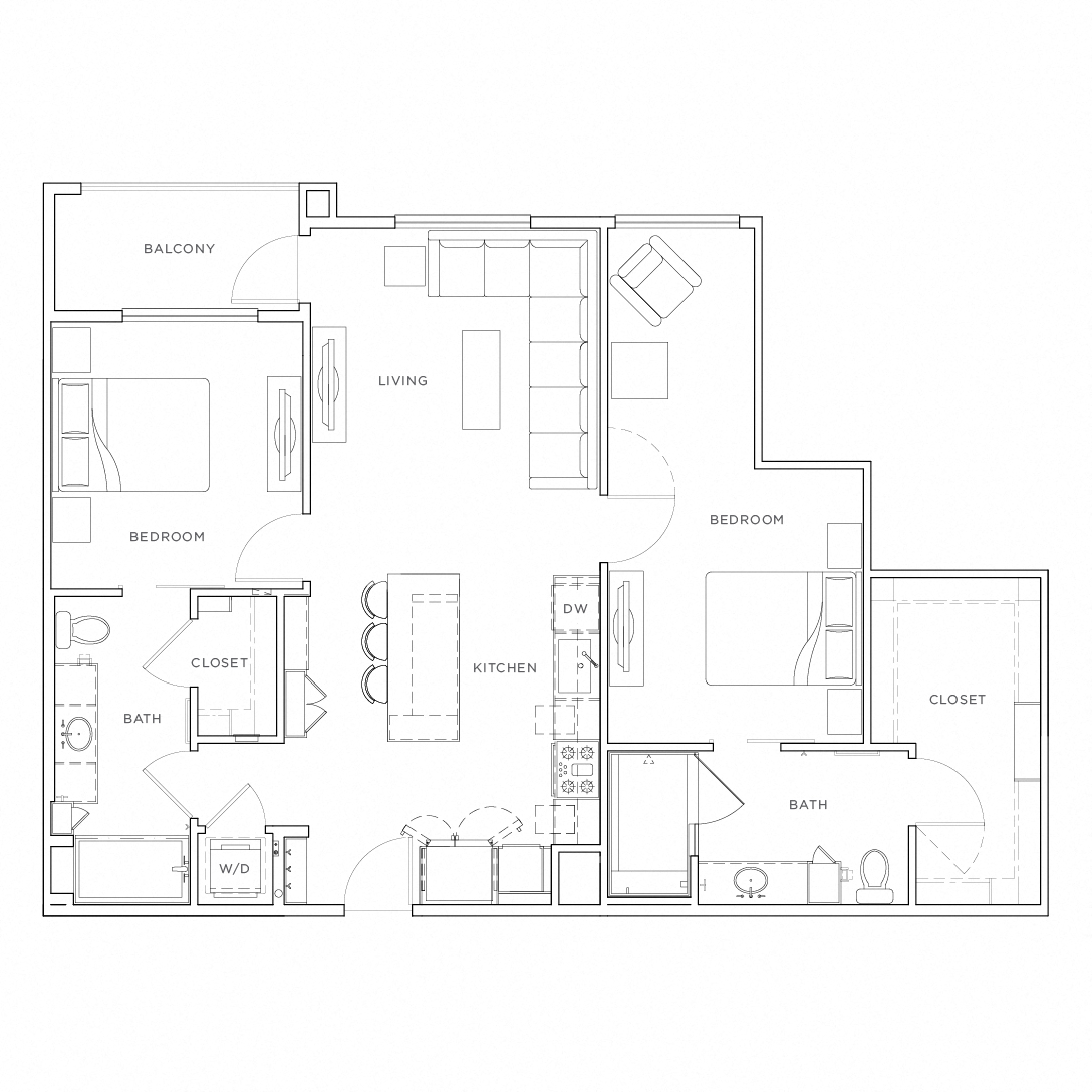 Floor plan for 2 beds, 2 baths, 1162 sqft